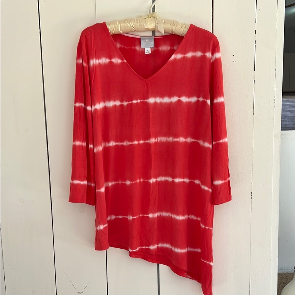 Orange Tie-Dye V-Neck Women's Top XL 3/4 Length Sleeve A symmetrical hem line. - Picture 2 of 6